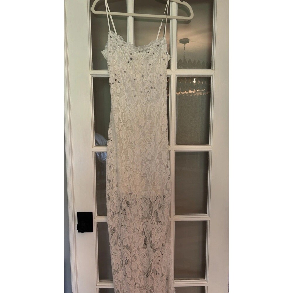 Hemant & Nandita White Lace Beaded Maxi Dress Sleeveless Zip Size S